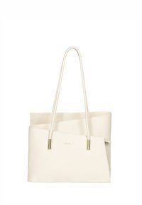 Biała skórzana torba tote z teksturowanym wykończeniem, wyróżniająca się unikalnym złożonym wzornictwem oraz złotymi akcentami, a także podwójnymi uchwytami.