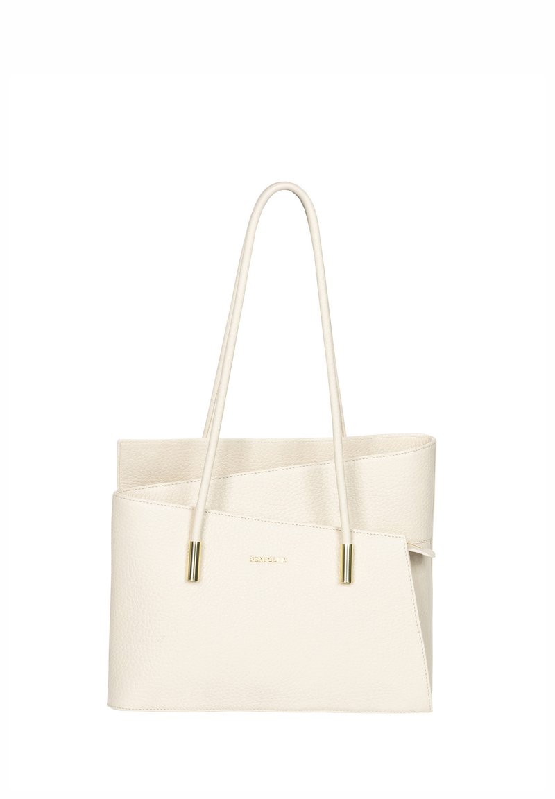 Biała skórzana torba tote z teksturowanym wykończeniem, wyróżniająca się unikalnym złożonym wzornictwem oraz złotymi akcentami, a także podwójnymi uchwytami.