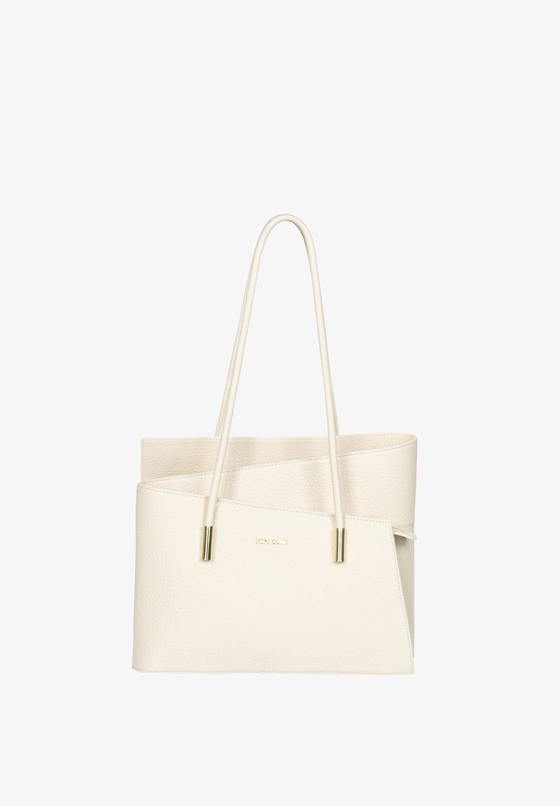 Biała skórzana torba tote z teksturowanym wykończeniem, wyróżniająca się unikalnym złożonym wzornictwem oraz złotymi akcentami, a także podwójnymi uchwytami.