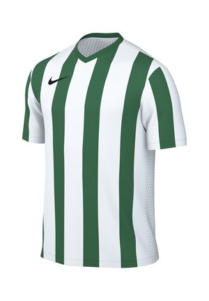 Kurzärmeliges Sporttrikot mit breiten vertikalen grünen und weißen Streifen und schwarzem Nike-Logo auf der linken oberen Brust.