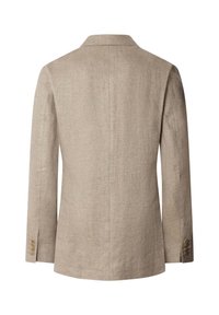 Béžové ľanové sako zobrazené zozadu s dlhými rukávmi, výložkovým golierom a štyrmi gombíkmi na každom manžete.