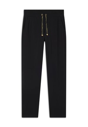 Pantaloni della tuta neri con una texture liscia, vita elasticizzata, coulisse con dettagli dorati e tasche laterali. Design a gamba dritta.