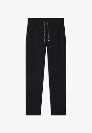 Pantaloni della tuta neri con una texture liscia, vita elasticizzata, coulisse con dettagli dorati e tasche laterali. Design a gamba dritta.