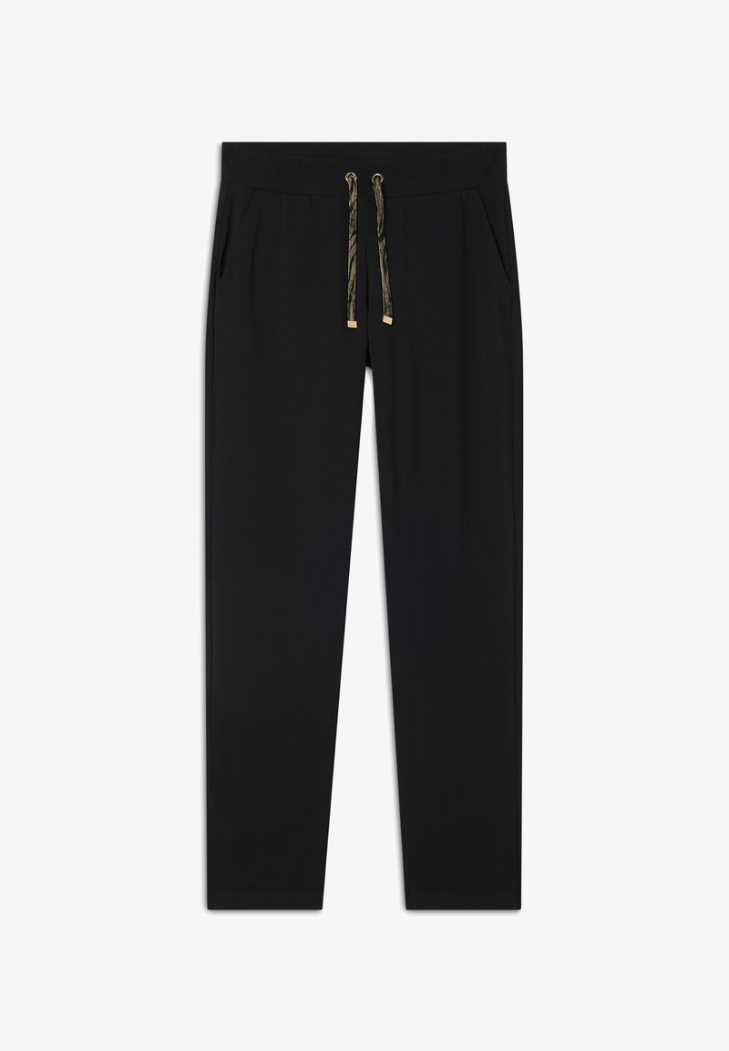 Pantaloni della tuta neri con una texture liscia, vita elasticizzata, coulisse con dettagli dorati e tasche laterali. Design a gamba dritta.