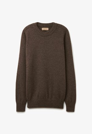 Brązowy sweter wełniany z okrągłym dekoltem, prążkowanymi mankietami i dołem oraz gładką teksturą. Prosty design, bez widocznych wzorów czy akcentów.
