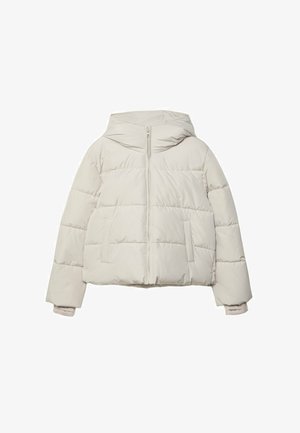 Light beige puffer jacket with a hood, front zipper, and two side pockets. It features a quilted design and elastic cuffs.