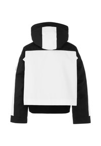 Schwarze und weiße wasserdichte Jacke mit Kapuze, ausgestattet mit einem markanten Color-Blocking-Design und einem verkürzten Schnitt. Glatte Textur, keine sichtbaren Beschläge.