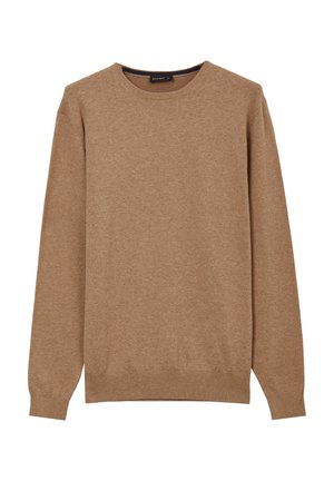 Maglione marrone a maglia con colletto rotondo, maniche lunghe e polsini e orlo a coste, caratterizzato da una texture liscia e un design informale.