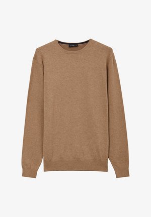 Brauner gestrickter Pullover mit Rundhalsausschnitt, langen Ärmeln und gerippten Bündchen und Saum, der eine glatte Textur und ein lässiges Design aufweist.