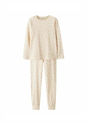 Cream long-sleeve top and matching pants with a delicate pink floral pattern. Made from soft fabric with ribbed cuffs at the ankles.