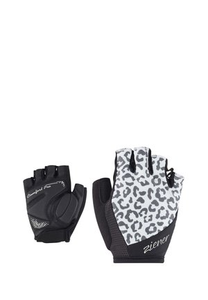 Pair of half-finger cycling gloves, one with black padded palm and "Comfort Pro" label, the other with grey and black leopard print back and "Ziener" logo.