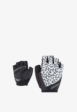 Pair of half-finger cycling gloves, one with black padded palm and "Comfort Pro" label, the other with grey and black leopard print back and "Ziener" logo.