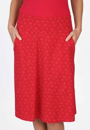 Rote knielange Skirt aus weichem Stoff, mit einem Kirschmuster, elastischem Bund und seitlichen Taschen für zusätzliche Funktionalität.