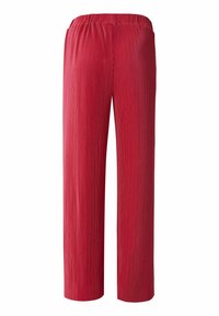 Rode, wijde broekspijpen met een gestructureerd, verticaal geplooid ontwerp en een elastische tailleband, die een losse, comfortabele pasvorm bieden.