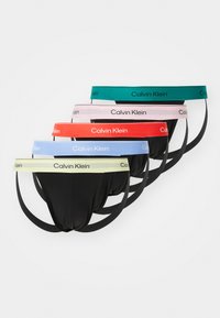 Set aus fünf Herrenunterhosen in Schwarz, mit farbigen elastischen Taillenbündchen (hellblau, grün, rosa, rot, gelb) mit "Calvin Klein"-Logo.
