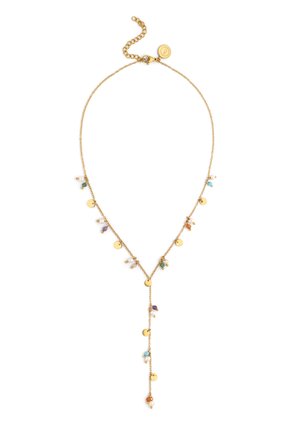 Collar de cadena dorada con diseño en Y, pequeños colgantes redondos y cuentas de gemas de colores distribuidas a lo largo de la cadena y la caída.