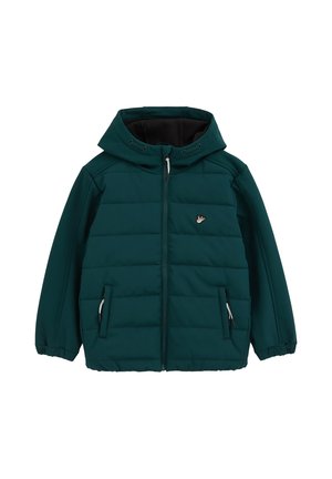 Veste matelassée à capuche vert foncé avec fermeture éclair à l'avant, deux poches zippées, poignets élastiques et un petit logo d'oiseau sur la poitrine.