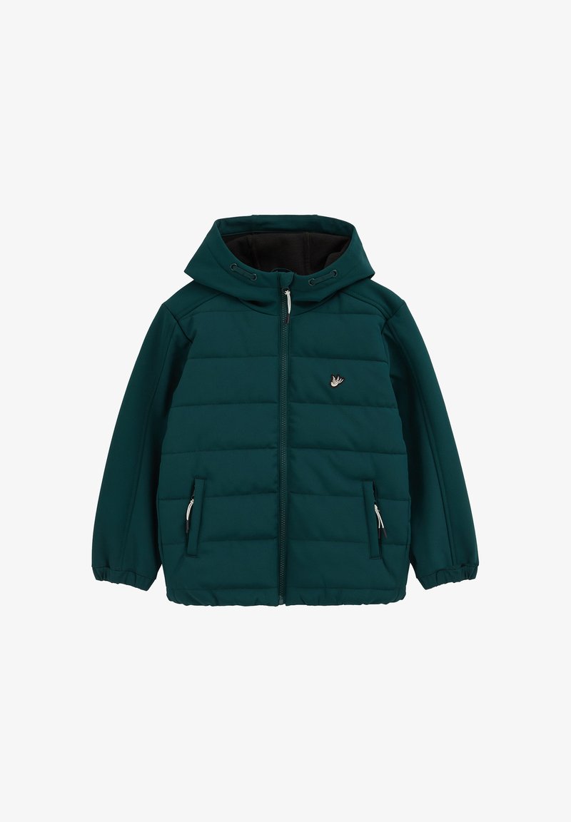 Veste matelassée à capuche vert foncé avec fermeture éclair à l'avant, deux poches zippées, poignets élastiques et un petit logo d'oiseau sur la poitrine.