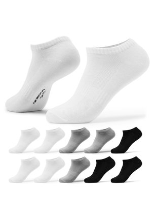 Twelve pairs of ankle socks in white, gray, and black, with two white socks displayed prominently above the rest.