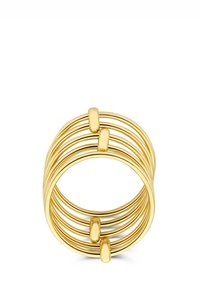 Goldene Mehrbandringen mit einem verflochtenen, glatten Drahtdesign, das längliche rechteckige Akzente aufweist, die gleichmäßig entlang der Ringe verteilt sind.