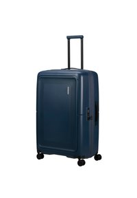 Valigia rigida blu con un design testurizzato, manico telescopico e quattro ruote nere. Presenta una serratura a combinazione sul lato.