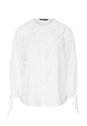 Vit, långärmad skjorta med stor krage, knappstängning och samlade ärmar som hålls ihop med band. Slätt tyg med en lös passform.