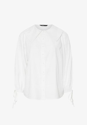 Weißes, langärmliges Hemd mit großem Kragen, Knopfverschluss vorne und gerafften Ärmeln, die mit Bändern gesichert sind. Glatte Stoffqualität mit lockerer Passform.