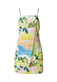 Floral sundress met verstelbare bandjes, voorzien van een levendige print van gele bloemen, een zonsondergang en palmbomen op een lichte achtergrond.