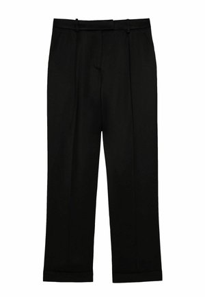 Black trousers with a straight-leg design, featuring a flat front, side pockets, and a clean hem. Made from a smooth fabric texture.