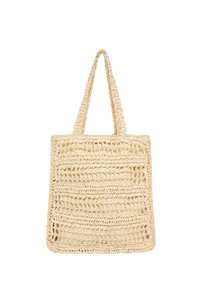 Sac fourre-tout beige avec un motif crochet ajouré et deux longues anses, forme rectangulaire, simple et léger.