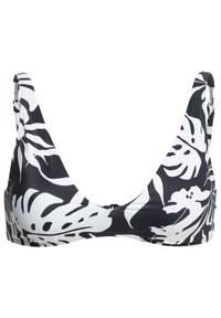Čierno-biely bikiny top so vzorom listov, nastaviteľnými ramienkami a predným zipsom. Vyrobený zo hladkej, elastickej tkaniny.