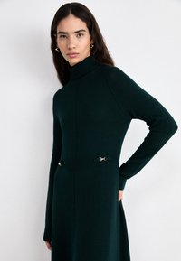 Dunkelgrünes Strickkleid mit hohem Kragen, geripptem Taillenbereich und goldenen Akzenten. Verfügt über lange Ärmel und eine figurbetonte Silhouette.