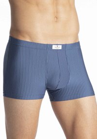 Boxer shorts blu striati realizzati in tessuto morbido. Presentano un'apertura frontale orizzontale e una vita elasticizzata con un'etichetta sul retro.