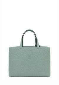 Borsa a tracolla sintetica verde menta con motivo a logo in rilievo, due manici, forma rettangolare e design strutturato. Texture liscia.