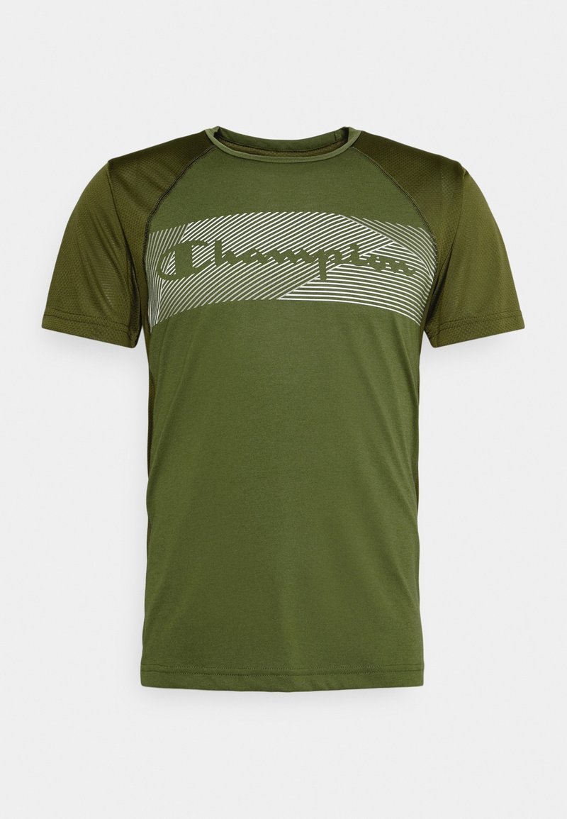 Camiseta atlética verde con un diseño de malla texturizada, un gráfico de logo en el pecho y un cuello redondo con mangas cortas.