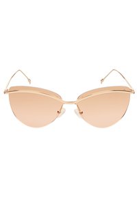 Sluneční brýle ve tvaru kočičích očí s tenkým zlatým rámem, světle růžovými skly a průhlednými nosními polštářky. Ostře střižený design s minimálním počtem kovových akcentů.