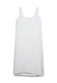 Weißes ärmelloses Kleid mit einem runden Ausschnitt, aus leichtem Stoff gefertigt, mit geradem Schnitt und dezenten Seitenschlitzen.