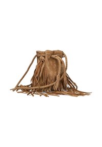 Bruine suède trekkoordtas met gevlochten banden en lange franjes aan de onderkant. Zachte textuur en casual ontwerp met een open bovenkant.