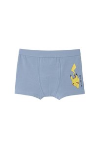 Light blue cotton boxer shorts featuring Pikachu graphic, lightning bolt design, and "#025" detail printed on the side.