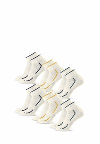 Calcetines blancos hasta el tobillo con rayas de colores en azul marino, amarillo y verde. Se ven puños acanalados y punteras reforzadas. Se muestran seis pares.