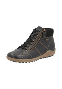 Schwarze High-Top-Schuhe aus strukturiertem Leder mit braunen Nähten, einem Seitenreißverschluss und einer Gummisohle mit Profil.