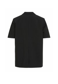 Veste noire à manches courtes de style blazer avec col, vue de dos sur fond blanc.