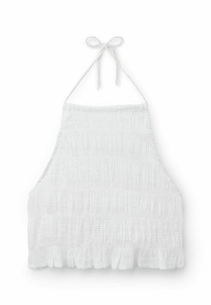 White textured fabric halter neck crop top with smocked design and ruffled hem.