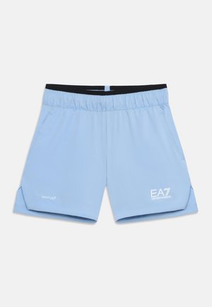 Short de sport bleu clair avec taille élastique, poches latérales et logos blancs EA7 Emporio Armani et Ventus 7 à l'avant.