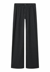 Svarte wide-leg bukser med lodrette hvide striber, der har en elastisk talje og en glat tekstur.