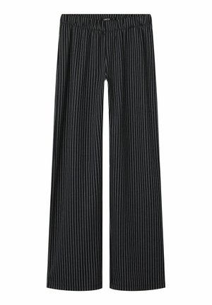 Svarte wide-leg bukser med lodrette hvide striber, der har en elastisk talje og en glat tekstur.