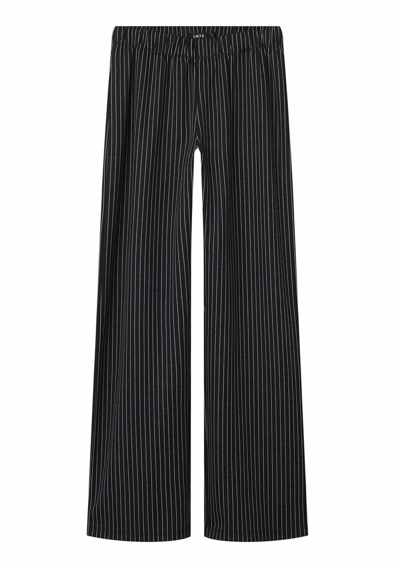 Svarte wide-leg bukser med lodrette hvide striber, der har en elastisk talje og en glat tekstur.