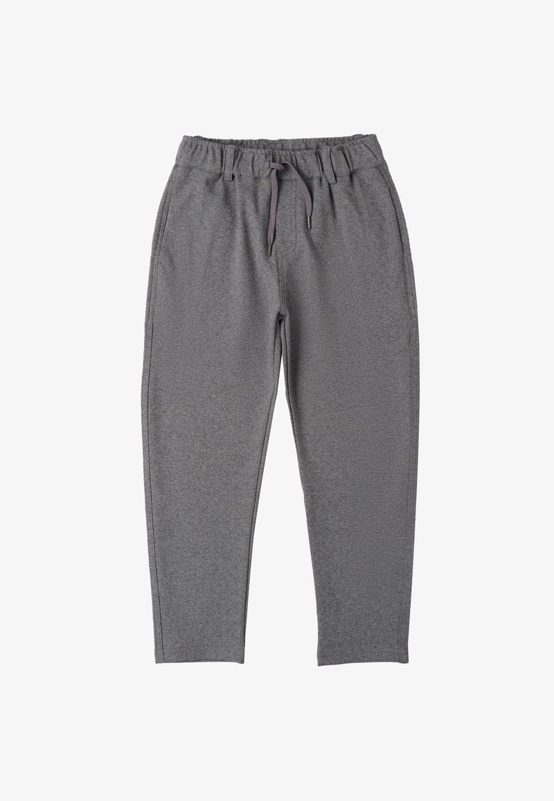 Graue Jogginghose mit elastischem Bund, verstellbarem Kordelzug und schmal zulaufendem Bein. Hergestellt aus einem weichen, strukturierten Stoff.