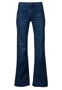 Mörkblå utsvängda jeans i denim med hög midja, fram- och bakfickor samt knäppning med knapp. Slät textur.