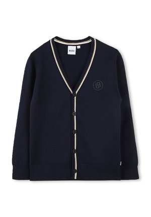 Navyblauwe cardigan van textuurstof, met een V-hals, contrasterende crèmekleurige afwerking, zwarte knopen en een geborduurd logo op de borst.